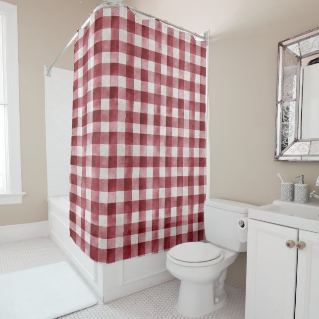 Cortina De Ducha Red Cream Plaid Stripes (In situ)