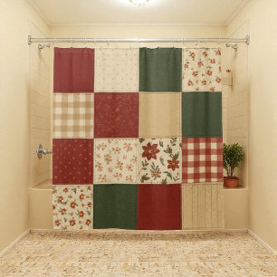 Cortina De Ducha Red Green Patchwork Quilt Rustic Farmhouse Floral