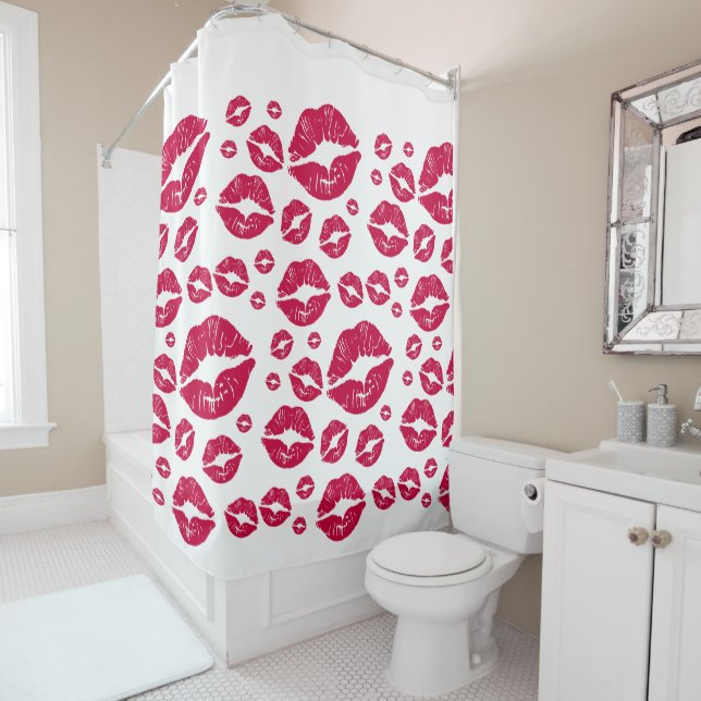 Cortina De Ducha Red Lips Moderno Kiss Pattern Trendy White Shower (In situ)
