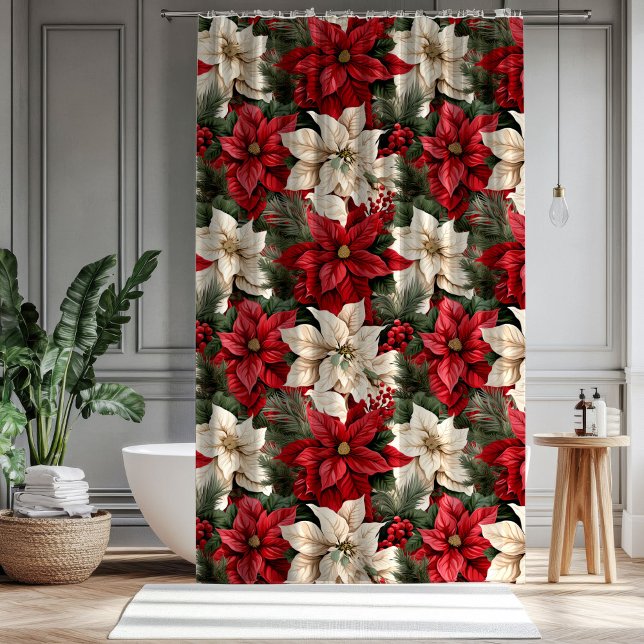 Cortina De Ducha Red Poinsettia Curtain Classic Christmas Elegance (Red Poinsettia Curtain Classic Christmas Elegance)