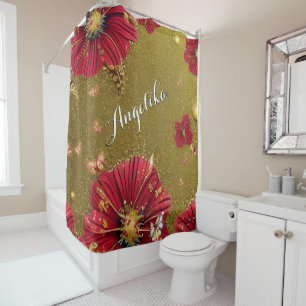 Cortina De Ducha Red Poppies Gold Purpurina Nombre personalizado