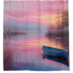 Cortina De Ducha Reflexión sobre los cielos rosados de un barco azu