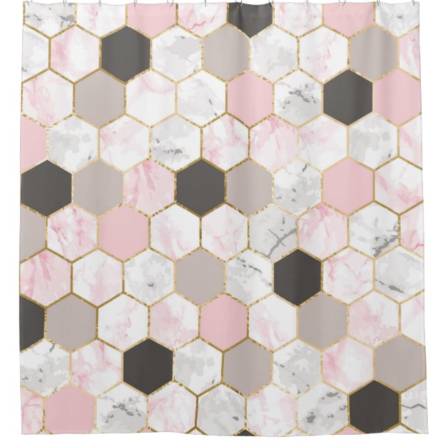 Cortina De Ducha Relieve metalizado de oro geométrico, patrón hexág (Anverso)