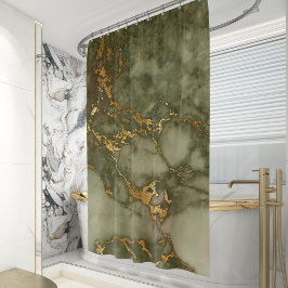 Cortina De Ducha Relieve metalizado dorado Faux de Marble Verde de 
