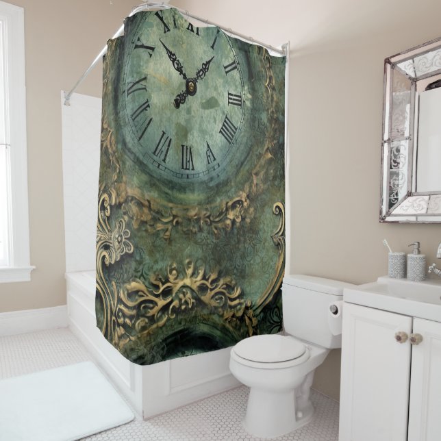 Cortina De Ducha Reloj Steampunk Rústico Verde Esmeralda (In situ)
