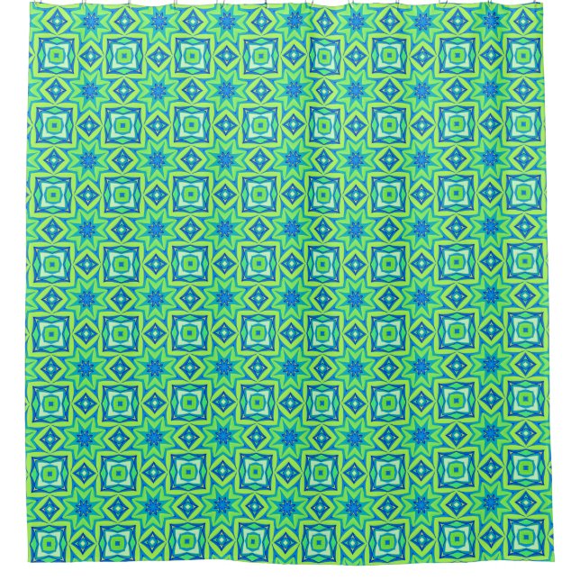 Cortina De Ducha Resumen Geométrico Estrella - Verde Lime y Azul (Anverso)