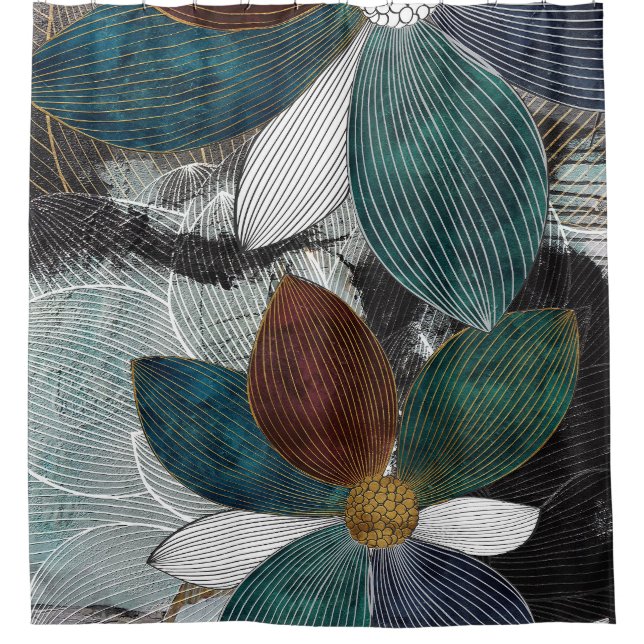Cortina De Ducha Resumen Linework Arte floral con negrita (Anverso)