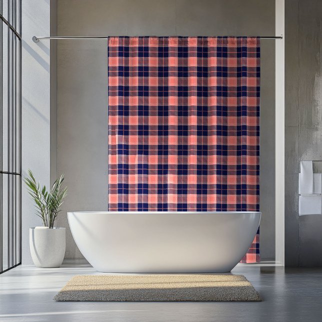 Cortina De Ducha Retirement Home Curtain Coral Navy Plaid Design (Retirement Home Curtain Coral Navy Plaid Design)