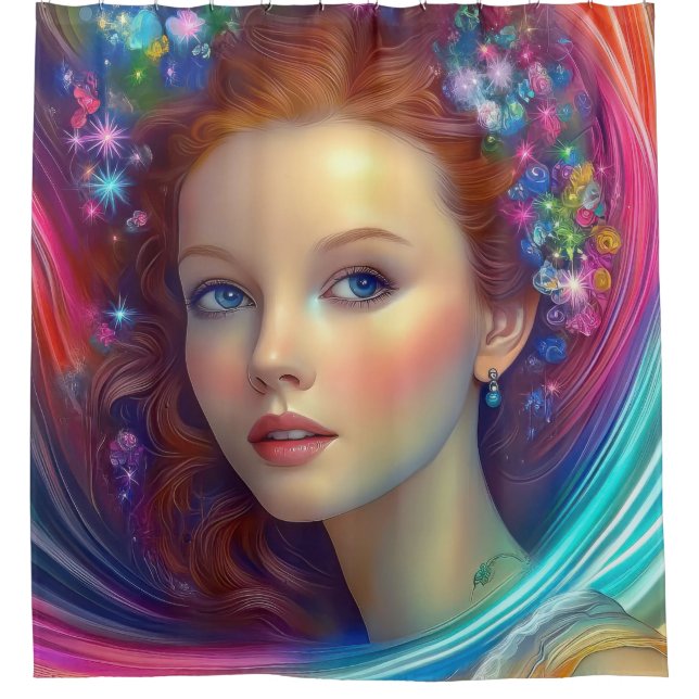 Cortina De Ducha Retrato de pelo arcoiris encantado (Anverso)