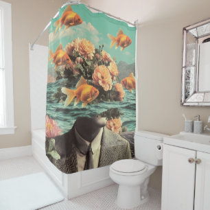 Cortina De Ducha Retrato Surrealista con Flores de Goldfish y Océan