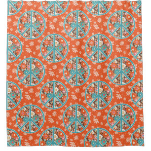 Cortina De Ducha RETRO 60s 70s Hippy Floral Signo de Paz Naranja Az
