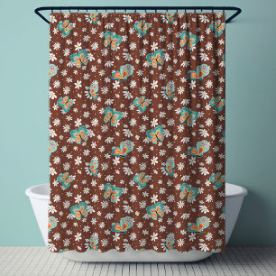 Cortina De Ducha RETRO 70s Mod Daisy Floral Hippy Mariposa Marrón