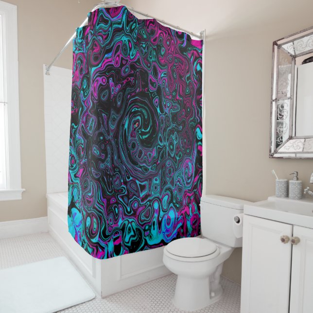 Cortina De Ducha Retro Aqua Magenta y Black Abstract Swirl (In situ)