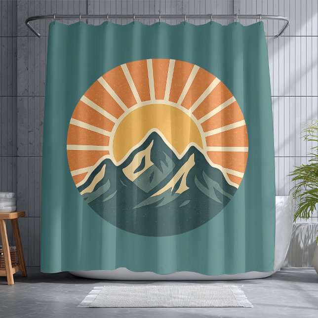 Cortina De Ducha Retro Blue Mountain Sunrise | Outdoor Nature Teal (Subido por el creador)