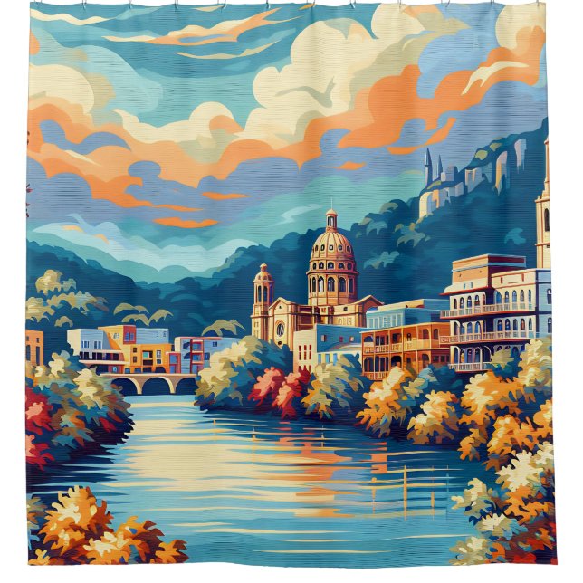 Cortina De Ducha "Retro Cityscape River Sunset" (Anverso)
