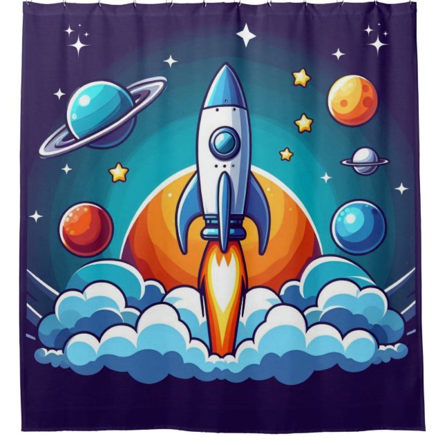 Cortina De Ducha Retro, cohete espacial exterior (Anverso)