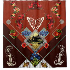 Cortina De Ducha Retro de color con encaje y flores