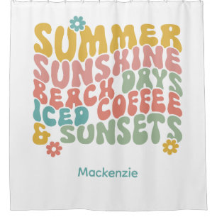 Cortina De Ducha Retro Groovy Summer Pink Monograma Nombre