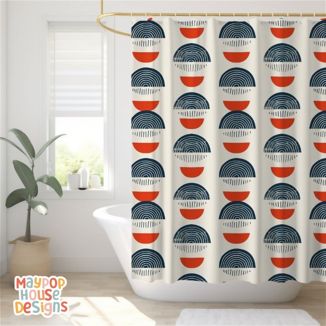 Cortina De Ducha Retro Mid Century Moderno Navy Red Resumen (mid century modern shower curtain bathroom decor)