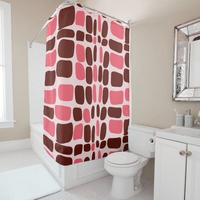Cortina De Ducha Retro Mod Pink & Chocolate Geometric (In situ)