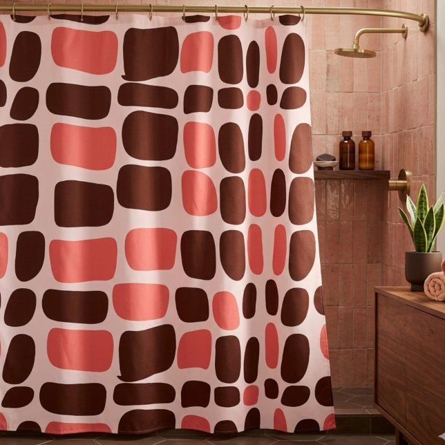 Cortina De Ducha Retro Mod Rosa y Chocolate Geométrico (Subido por el creador)