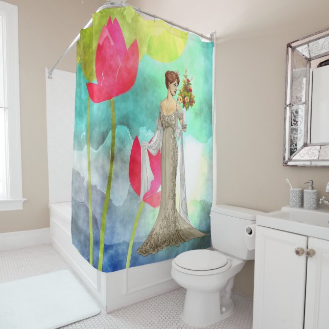 Cortina de ducha retro mujer floral (In situ)