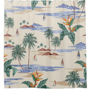Cortina De Ducha Retro seamless tropical island pattern on light be