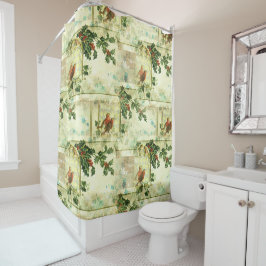 Cortina De Ducha Robin Bird Holly Pattern Navidades New Year Floral
