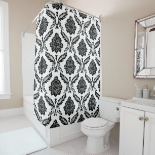 Cortina De Ducha Rococo Damask Gran Patrón Negro sobre Blanco