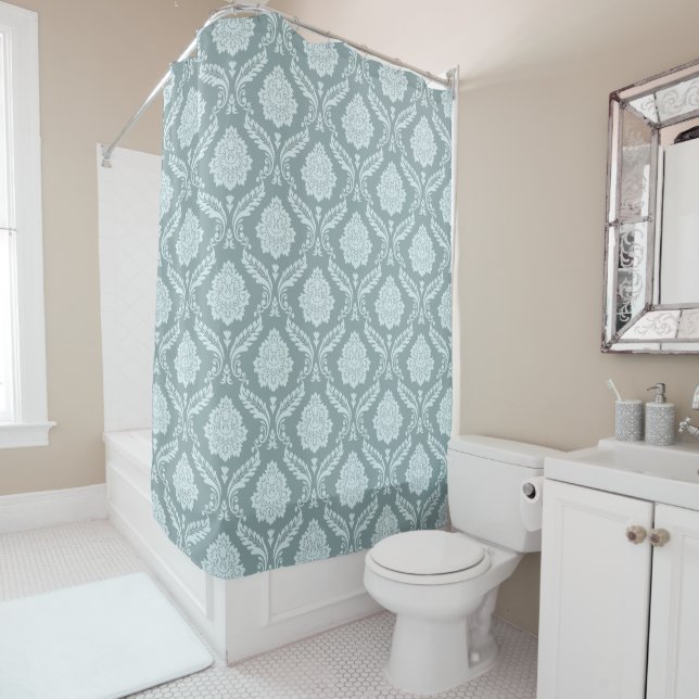 Cortina De Ducha Rococo Damask Pattern Duck Egg Blue+Teal (In situ)