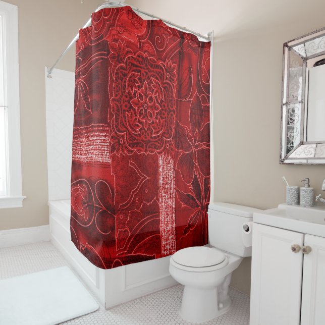 Cortina de ducha roja con estampado de patchwork f (In situ)