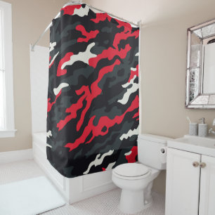 Cortina De Ducha Rojo Negro Gris Blanco Patrón de Camuflaje Camo