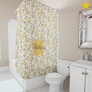 Cortina De Ducha Romántico Azul Amarillo Floral Monograma Nombre  