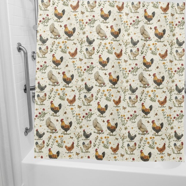 Cortina De Ducha Rooster hens casa de campo beige retro (Subido por el creador)