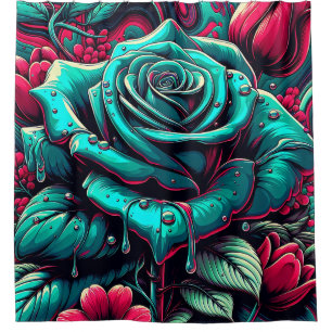 Cortina De Ducha "Rosa azul estilizado con gotas de lluvia"