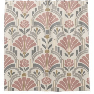 Cortina De Ducha Rosa, crema y gris floral Art Déco