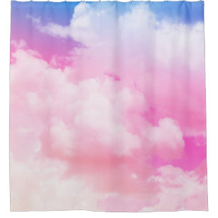 Cortina De Ducha rosa, paz, azul, nubes amarillas y cielo. Resumen