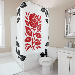 Cortina De Ducha Rosa Roja y Negra Floral Moderna Minimalista Glam