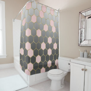 Cortina De Ducha Rosa Sonrojo Gris y Hexágono Dorado Glam Moderno