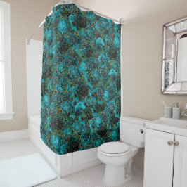 Cortina De Ducha Rosa Teal Dorado Brillo Glam Patrón Floral
