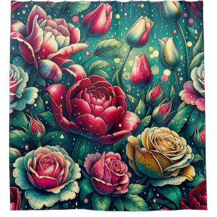 Cortina De Ducha "Rosas rojas estilizadas con gotas de lluvia"