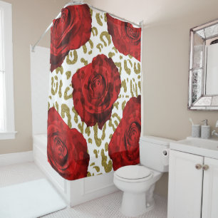 Cortina De Ducha Rosas Rojas Gato Dorado Leopardo Estampado Animal