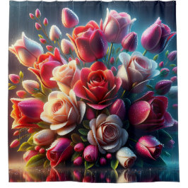 Cortina De Ducha "Rosas rojas y rosas con gotas de lluvia"