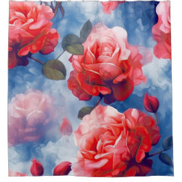 Cortina De Ducha Rosas Rosa Oscuro en arte de nubes con tinte azul 