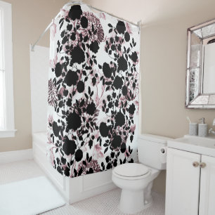 Cortina De Ducha Rubor blanco negro Toile floral rosado moderno