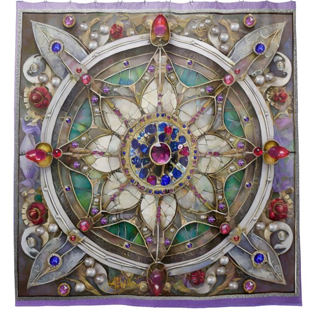 Cortina De Ducha Ruby, Amethyst, Sapphire y Pearl Mandala (Anverso)