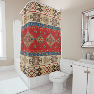 Cortina De Ducha Rug Kilim rojo vintage de oro palo turco antiguo