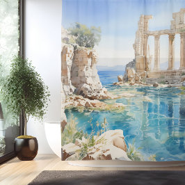 Cortina De Ducha Ruinas costeras griegas de color acuático