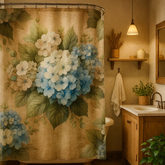 Cortina De Ducha Rustic Blue Hydrangea  Floral Shower Curtain (Rustic burlap and hydrangea floral shower curtain mockup )