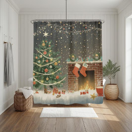 Cortina De Ducha Rustic Christmas Tree and Fireplace Shower Curtain